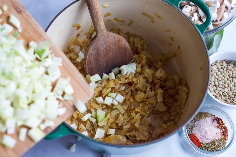 Onions caramelized, adding all ingredients to onions.