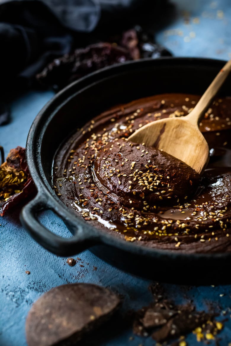  authentic mole negro sauce in a pan. 
