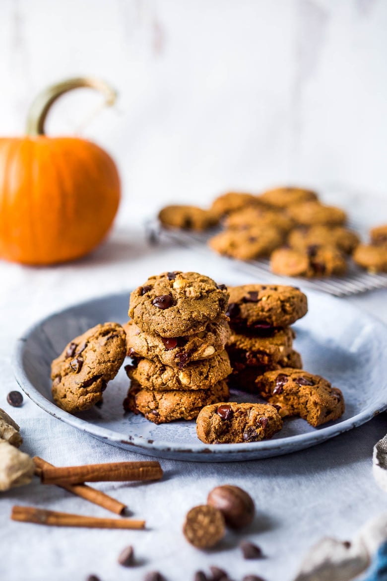 One-bowl Vegan Pumpkin Cookies with hazelnuts and chocolate chips are lightly sweetened with coconut sugar and accented with fresh ginger.  These cookies are healthy, delicious, gluten-free and can be made in 30 minutes!