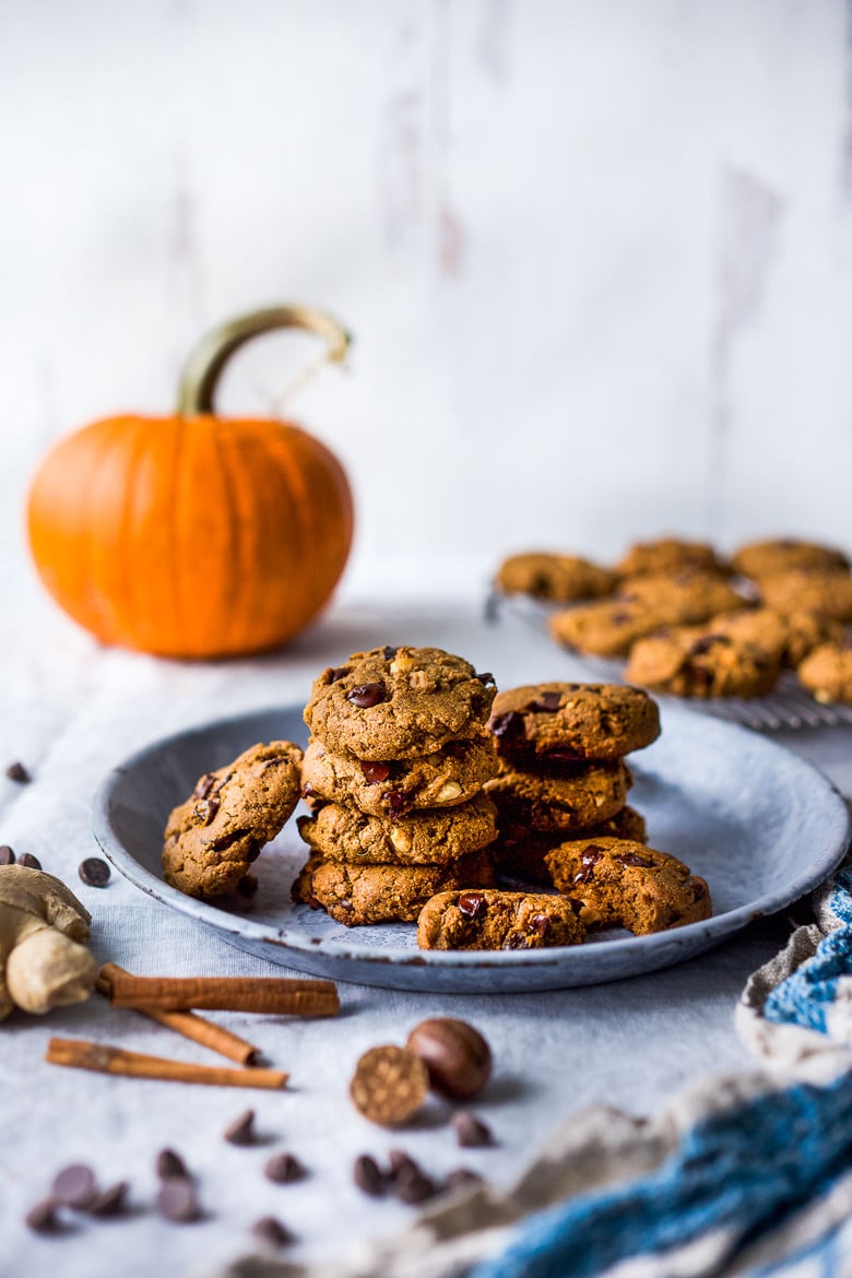 One-bowl Vegan Pumpkin Cookies with hazelnuts and chocolate chips are lightly sweetened with coconut sugar and accented with fresh ginger.  These cookies are healthy, delicious, gluten-free and can be made in 30 minutes!