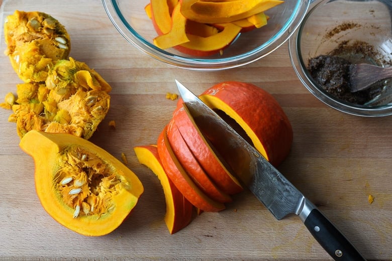 cutting strips of squash