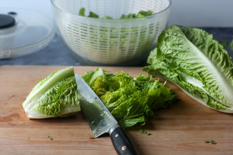 Chopping romaine.