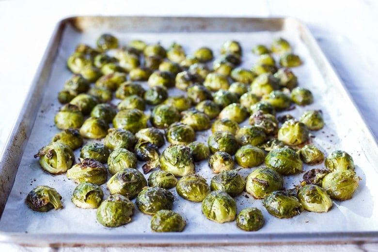 baking sheet with brussels cut side down