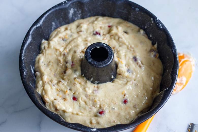 cake batter in bundt pan