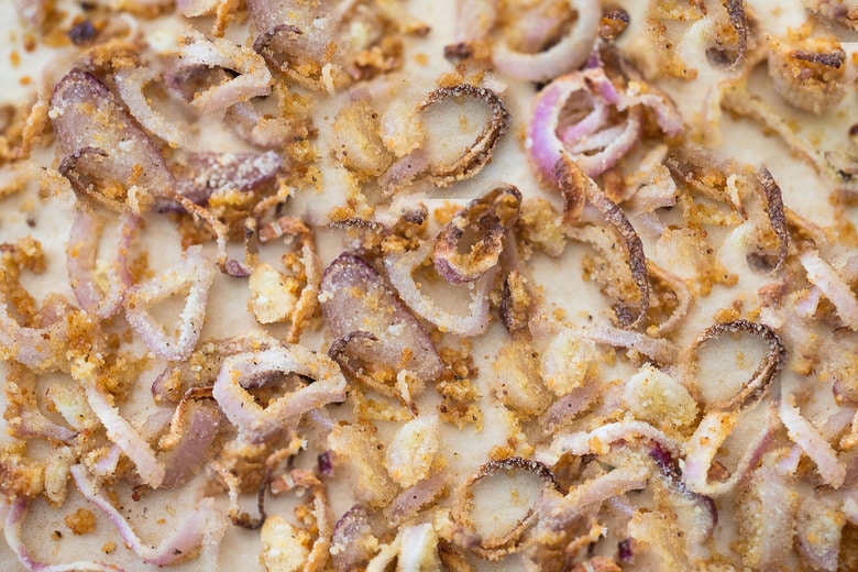 crispy onions for green bean casserole, baked in the oven