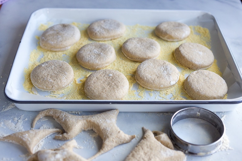 lay cut muffins on a tray with cornmeal