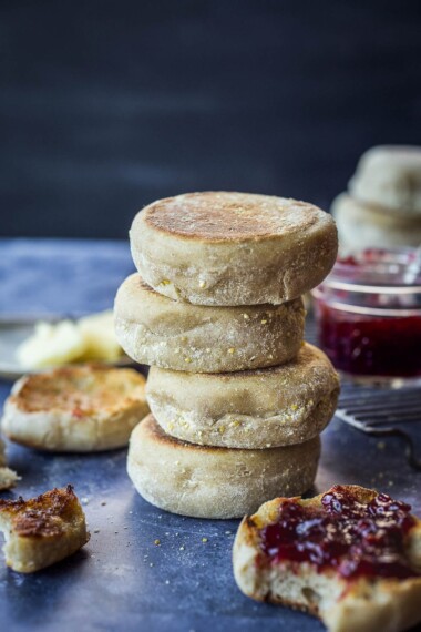 How to make homemade Sourdough English Muffins using sourdough starter (no yeast!).  They raise overnight and are cooked on the stovetop in the morning.   Tender, delicious and easier to make than you might think!  Vegan adaptable.