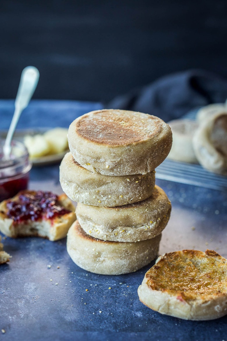 How to make tender, delicious Sourdough English Muffins using sourdough starter.  Rise overnight, then cook in a skillet in the morning.   
