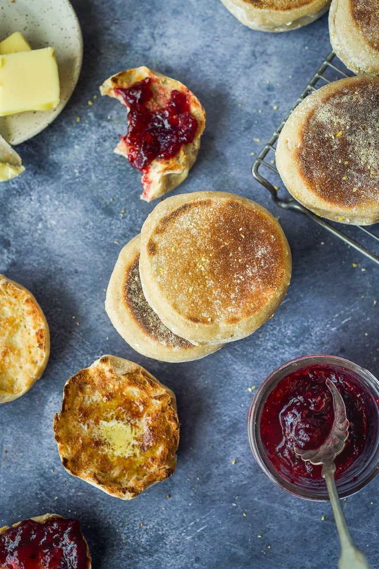 How to make homemade Sourdough English Muffins using sourdough starter (no yeast!).  They raise overnight and are cooked on the stovetop in the morning.   Tender, delicious and easier to make than you might think!  Vegan adaptable.