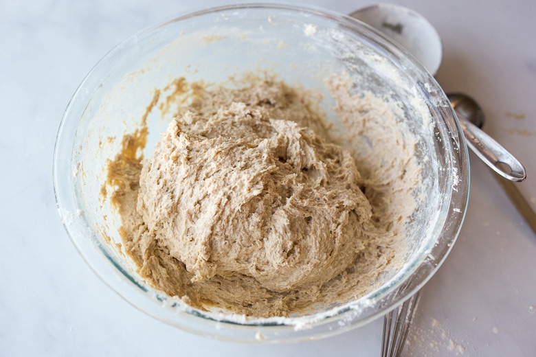 mixing flour, starter, honey and milk