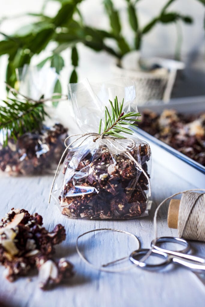 Chocolate Bark wrapped in cellophane. 