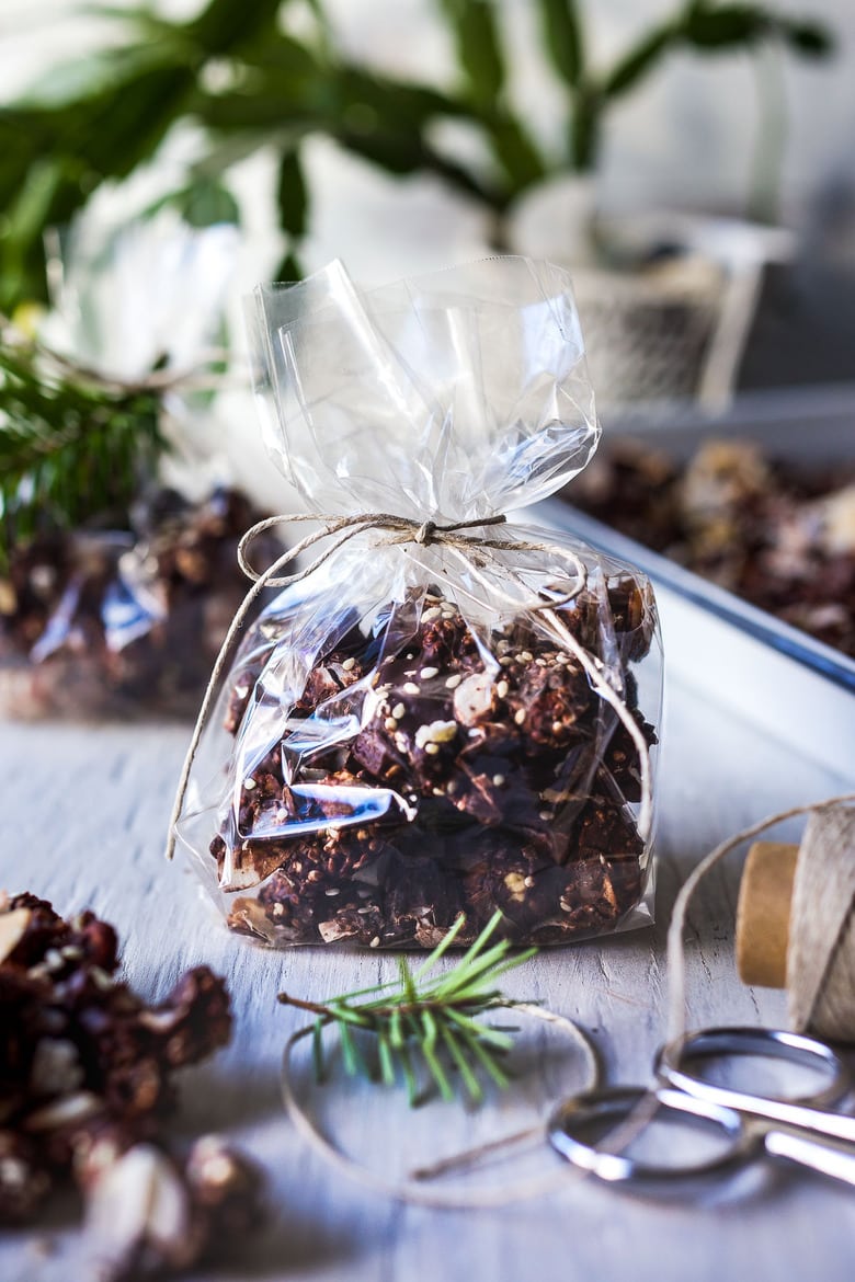 Cashew Ginger Chocolate Bark with Toasted Coconut and Sesame is a divinely delicious snack!   Perfect for gifts and company.  Easy to make in under 30 minutes!  Adaptable, vegan and gluten-free! 