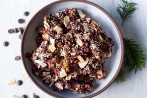 Chocolate Bark with cashews,  toasted coconut, ginger and sesame seeds - a festive snack perfect for holiday gifts or gatherings.  Easy to make, in just 30 minutes!  Vegan and Gluten-free!