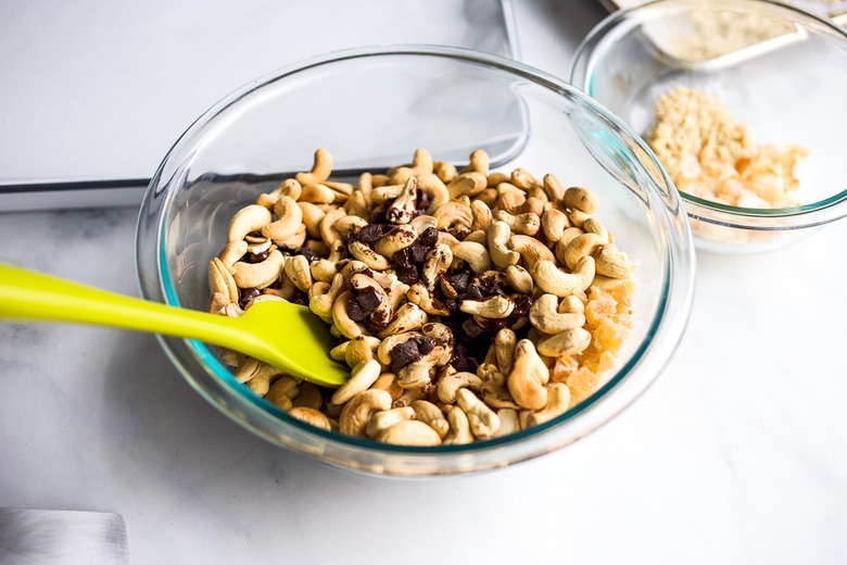 mixing cashews and chocolate