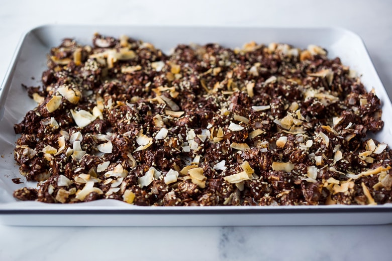 Cashew Ginger Chocolate Bark with Toasted Coconut and Sesame is a divinely delicious snack!   Perfect for gifts and company.  Easy to make in under 30 minutes!  Adaptable, vegan and gluten-free!