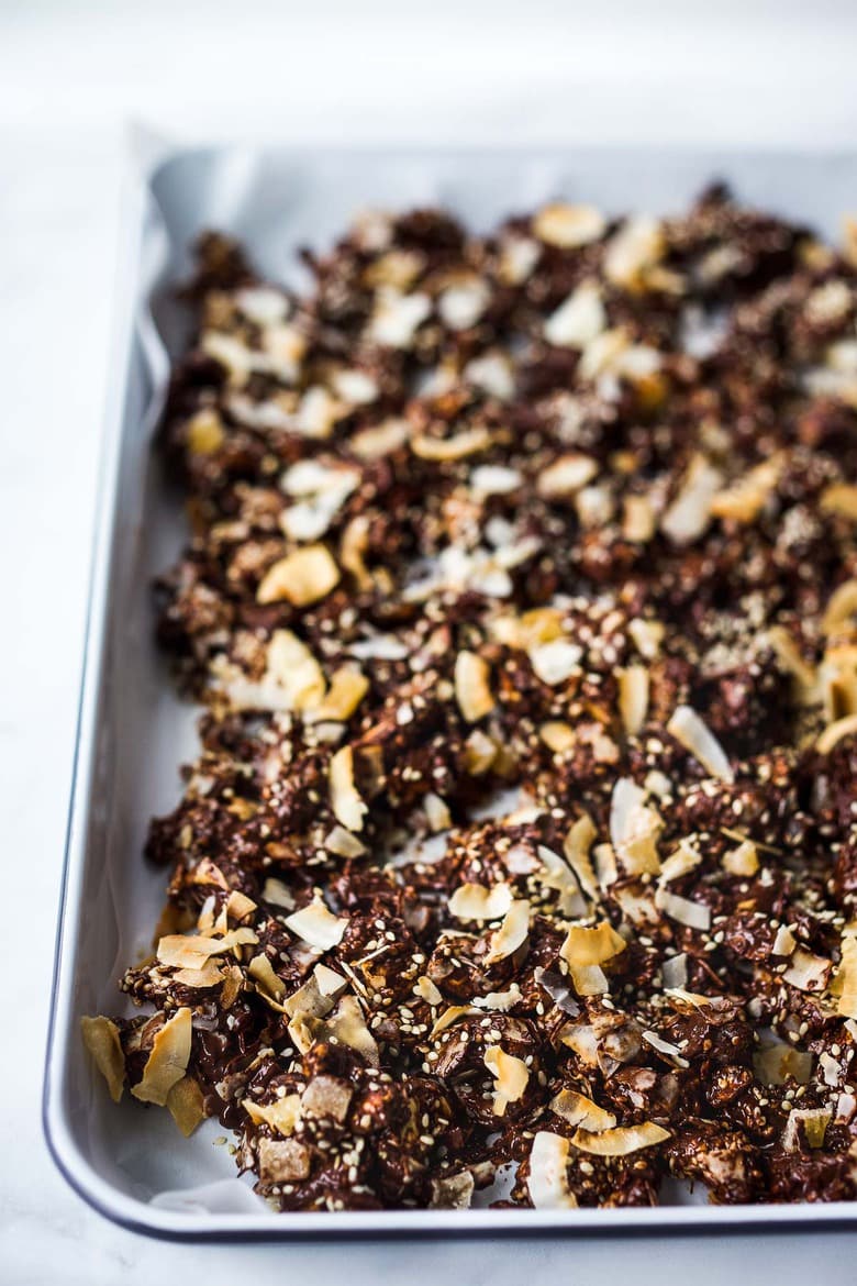 Cashew Ginger Chocolate Bark with Toasted Coconut and Sesame is a divinely delicious snack!   Perfect for gifts and company.  Easy to make in under 30 minutes!  Adaptable, vegan and gluten-free! #chocolatebark #veganbark