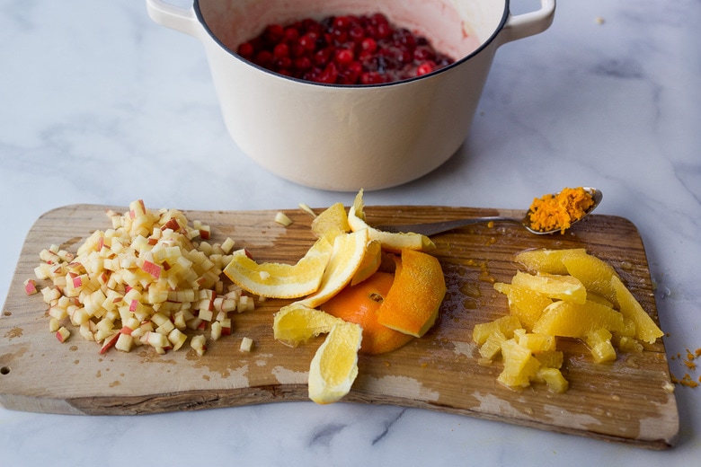 dicing apples and orange