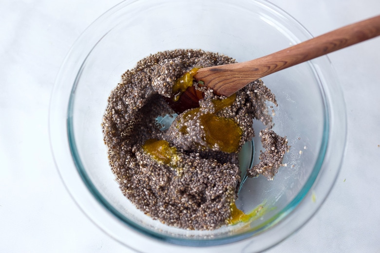 stirring in veggie paste into chia seeds