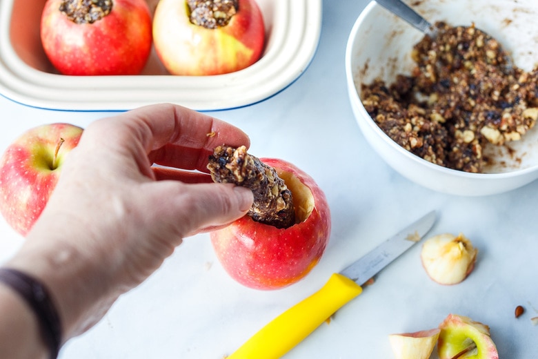 stuffing apples with date and nut mixture