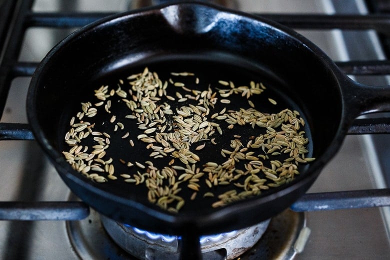 toasting fennel in a pan