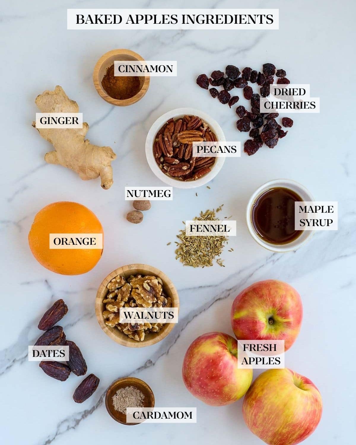 ingredients in baked apples: apples, nuts, spices, dried cherries and dates