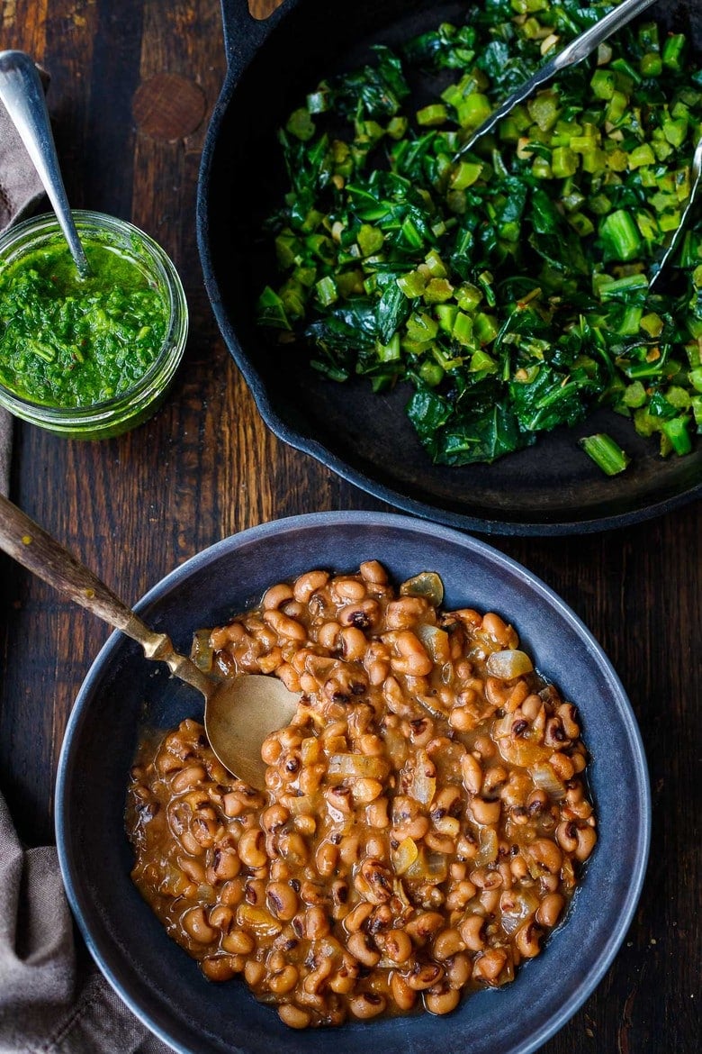 black-eyed peas served with garlicky collard greens for New Years day