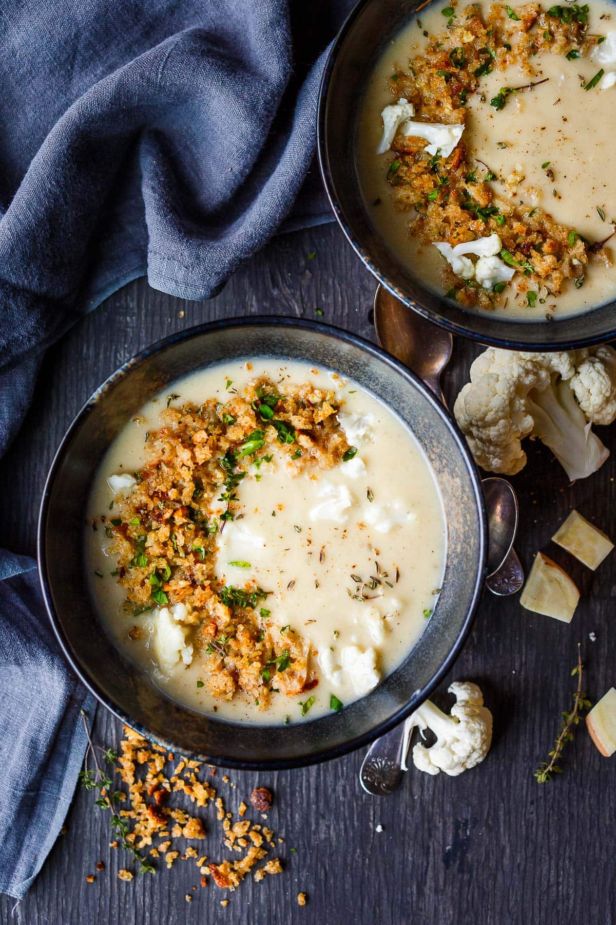 Ultra-comforting, creamy Cauliflower Cheddar Soup with thyme is easy to love. Simple to make and vegan-adaptable(using cashews!).