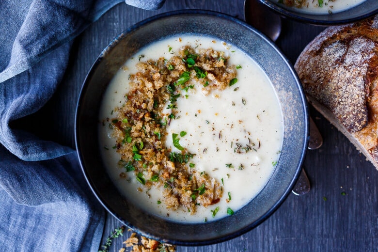 Creamy Cauliflower Soup with Thyme and Sharp Cheddar is easy to love.  Simple to make and Vegan adaptable! (see recipe notes)