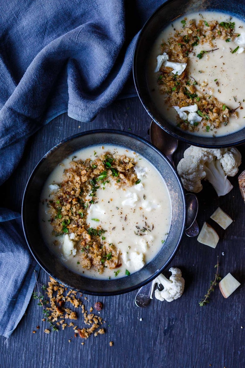 Creamy Cauliflower Soup with Thyme and Sharp Cheddar is easy to love.  Simple to make and Vegan adaptable! (see recipe notes) 