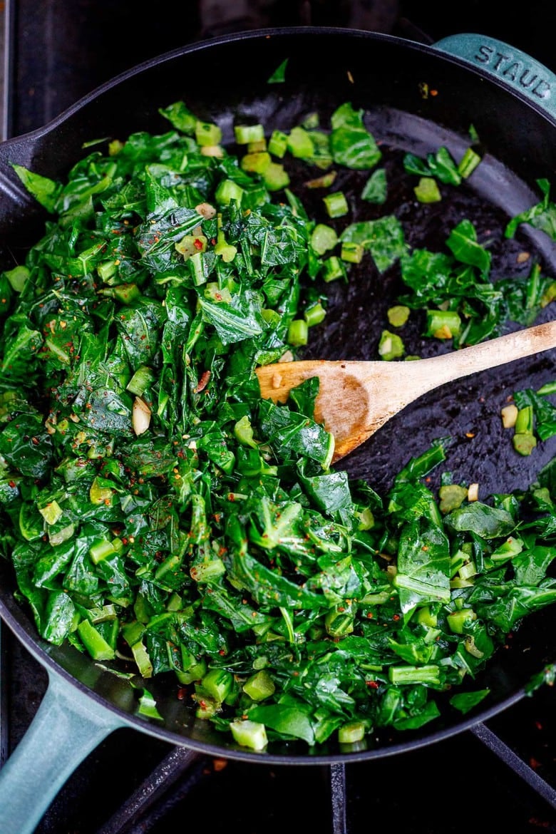 Garlicky Collard greens to serve with the Black-eyed peas on new years day.