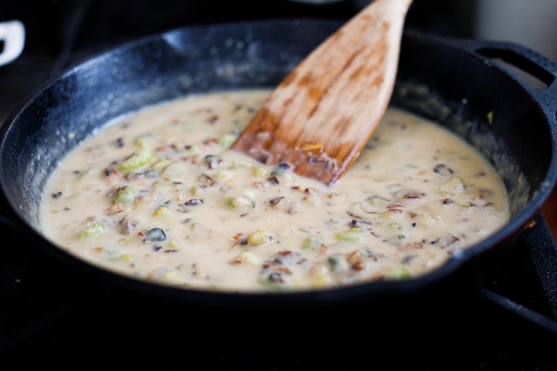 creating the thick "gravy" for the veggie pot pie in a skillet