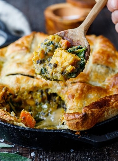 Vegetable Pot Pie with Roasted Butternut Squash, lentils and kale. Vegan