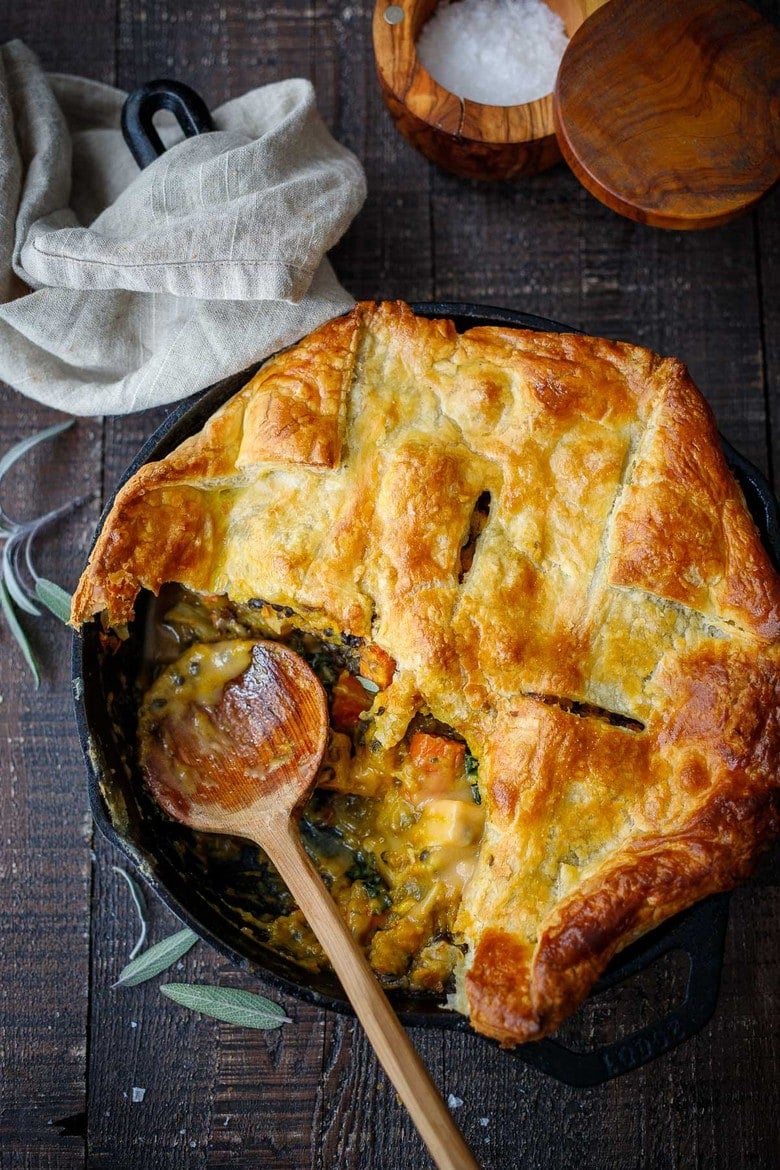 Vegetable Pot Pie with roasted butternut squash, lentils, and kale - a cozy vegan dinner recipe the whole family will enjoy. 