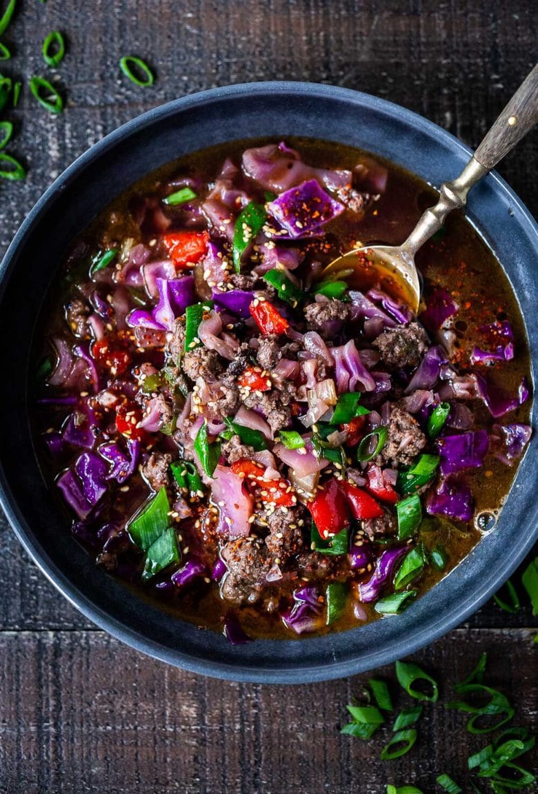 A fast and easy recipe recipe for Hot and Sour Cabbage Soup with ginger, scallions and your choice of ground meat (or sub plant-based ground meat). Vegan-Adaptable.  