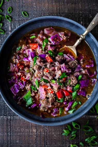 A fast and easy recipe recipe for Hot and Sour Cabbage Soup with ginger, scallions and your choice of ground meat (or sub plant-based ground meat). Vegan-Adaptable.  