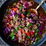 A fast and easy recipe recipe for Hot and Sour Cabbage Soup with ginger, scallions and your choice of ground meat (or sub plant-based ground meat). Vegan-Adaptable.