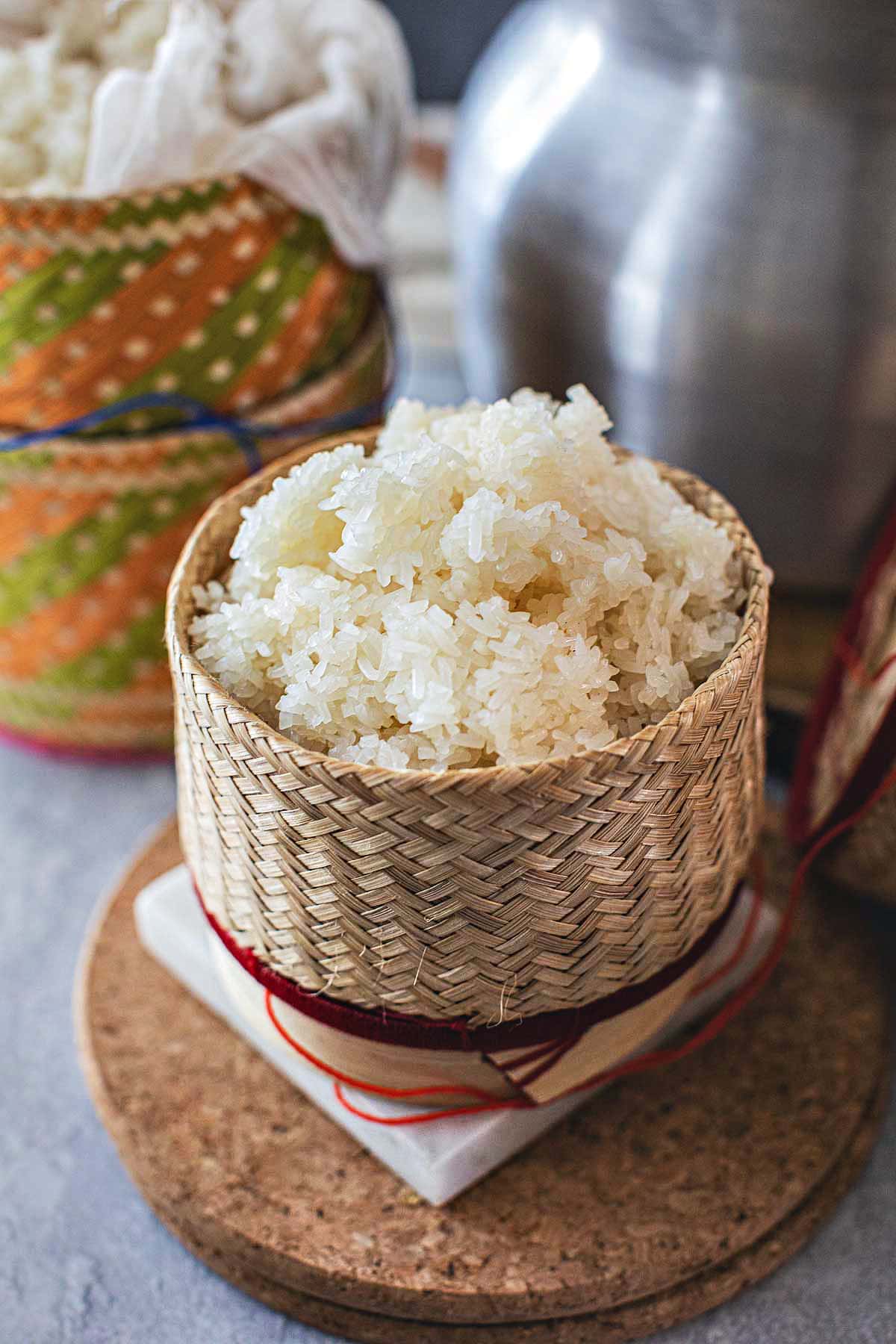 sticky rice in a bamboo steamer