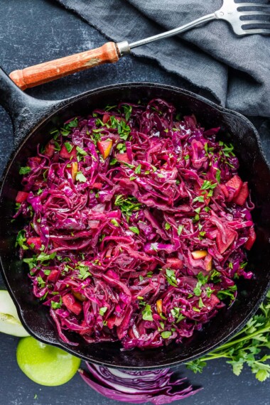 Tart, savory and slightly sweet; this Sauteed Cabbage recipe uses shredded cabbage, onion, and tart apples. It's a lovely German side dish with a delicious sweet-and-sour flavor. It's also vegan and Gluten-free!
