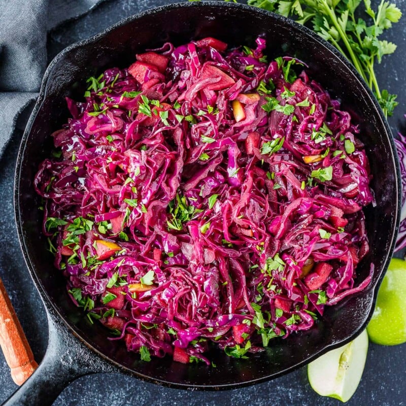 Tart, savory and slightly sweet; this Sauteed Cabbage recipe uses shredded cabbage, onion, and tart apples. It's a lovely German side dish with a delicious sweet-and-sour flavor. It's also vegan and Gluten-free!