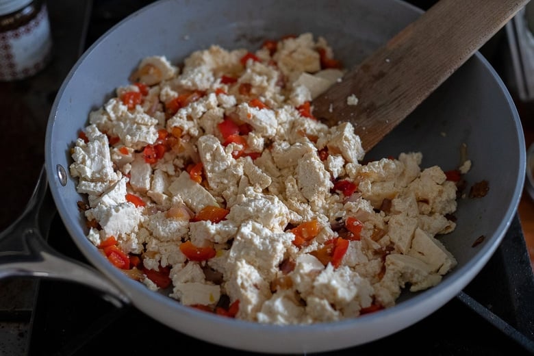 crumbled tofu in a pan