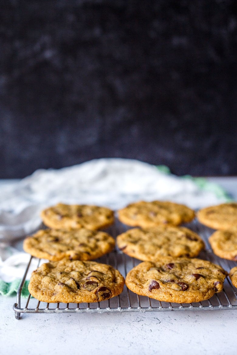 Irresistible one-bowl Vegan Chocolate Chip Cookies with crisp edges and soft centers.  Here is the perfect vegan recipe for the traditional chocolate chip cookie you have been craving!