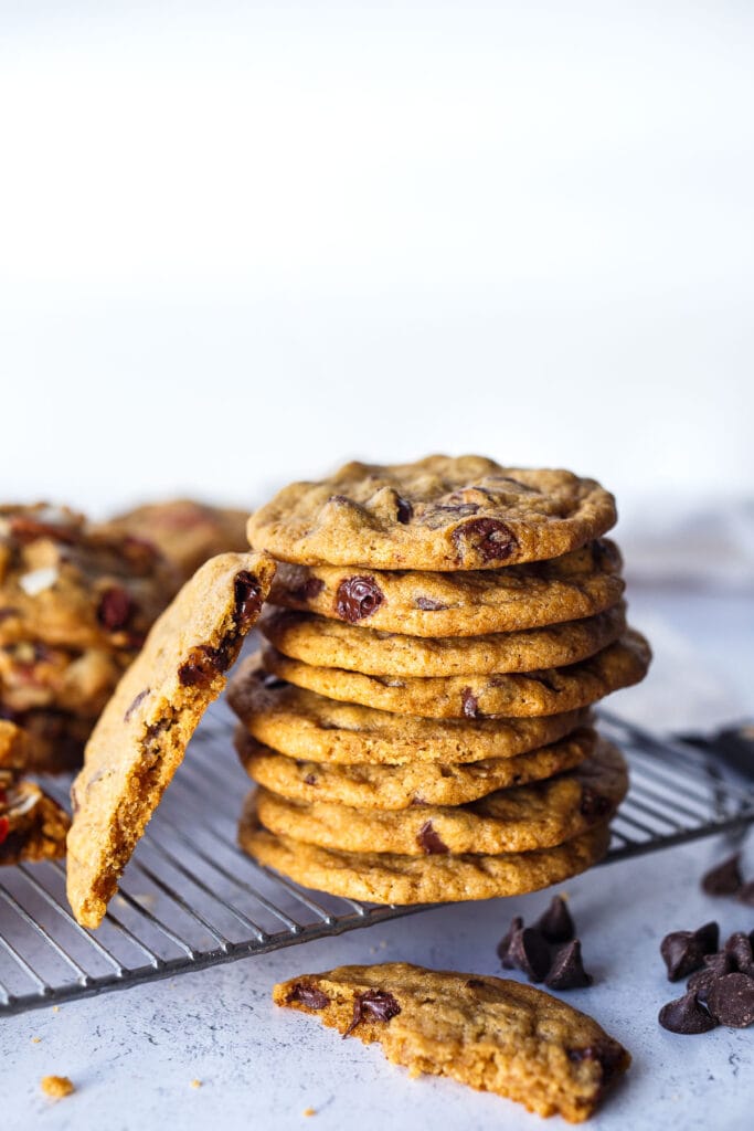 Irresistible one-bowl Vegan Chocolate Chip Cookies with crisp edges and soft centers. Here is the perfect vegan recipe for the traditional chocolate chip cookie you have been craving!