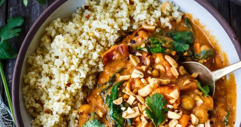 Spicy African Peanut Soup is made with everyday pantry items that transform into a lively soup with full bodied flavors. Richly spiced with ginger, garlic, and chilies in a creamy peanut tomato base, this protein-rich soup is one you will crave.  Vegan and Gluten-free!