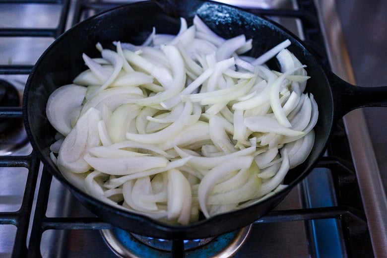 onions in a cast iron skillet
