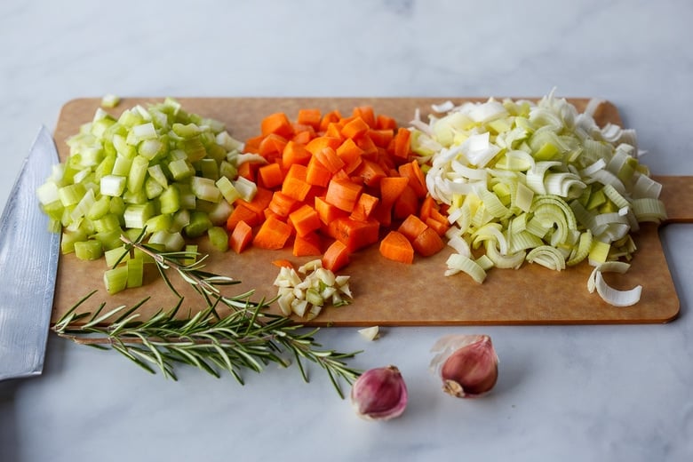 chopped celery, carrot leek, garlic