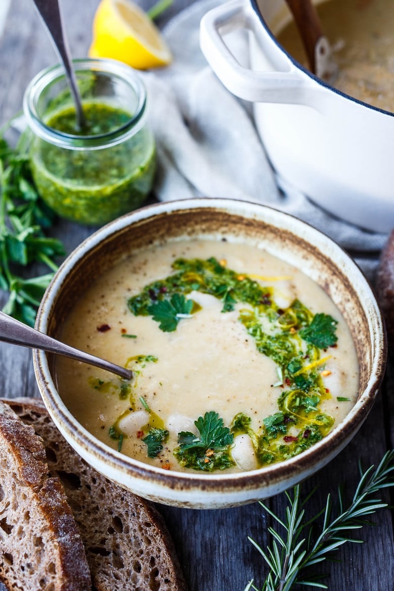 Creamy White Bean Soup with Leeks and Rosemary drizzled with flavorful herby Gremolata- a quick and easy vegan meal. Healthy & delicious! 