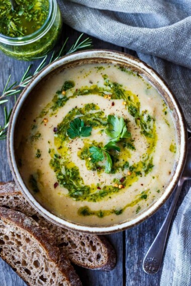 Creamy White Bean Soup with Leeks and Rosemary drizzled with flavorful herby Gremolata- a quick and easy vegan meal. Healthy & delicious!