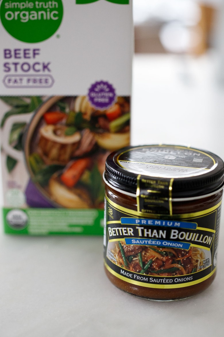 What stock or broth to use in French onion soup? Beef stock or vegetable broth or try onion broth. 