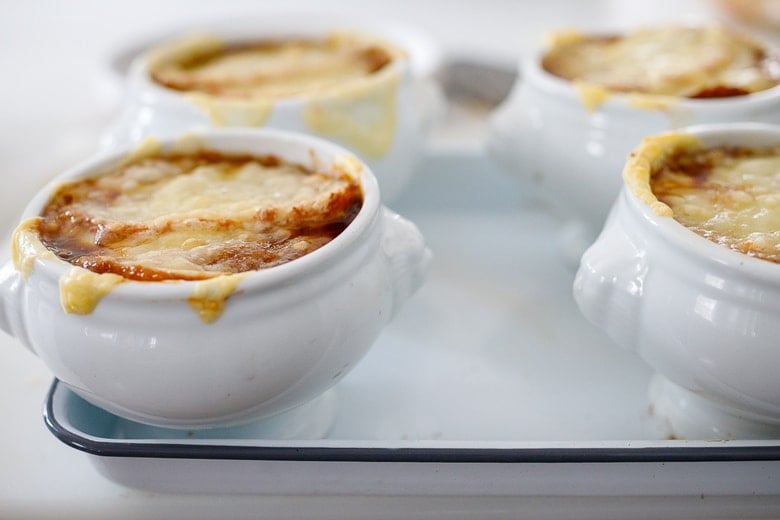 baked French onion soup- golden and bubbling