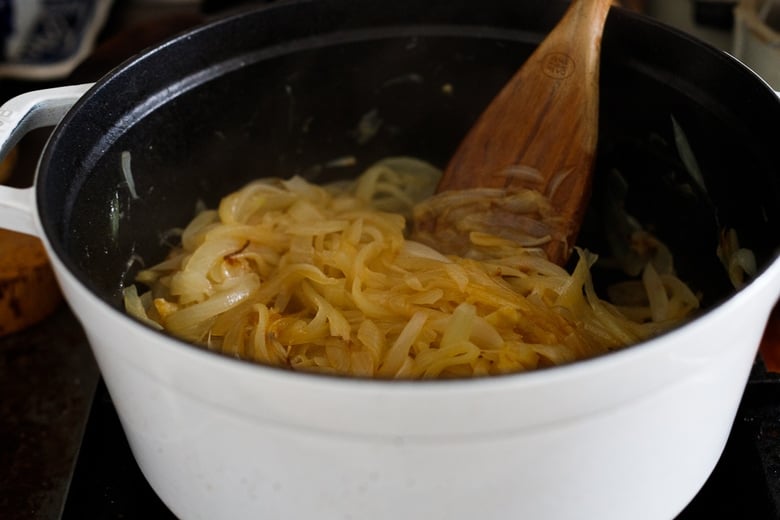 onions caramelizing in a pan after 20 minutes. 